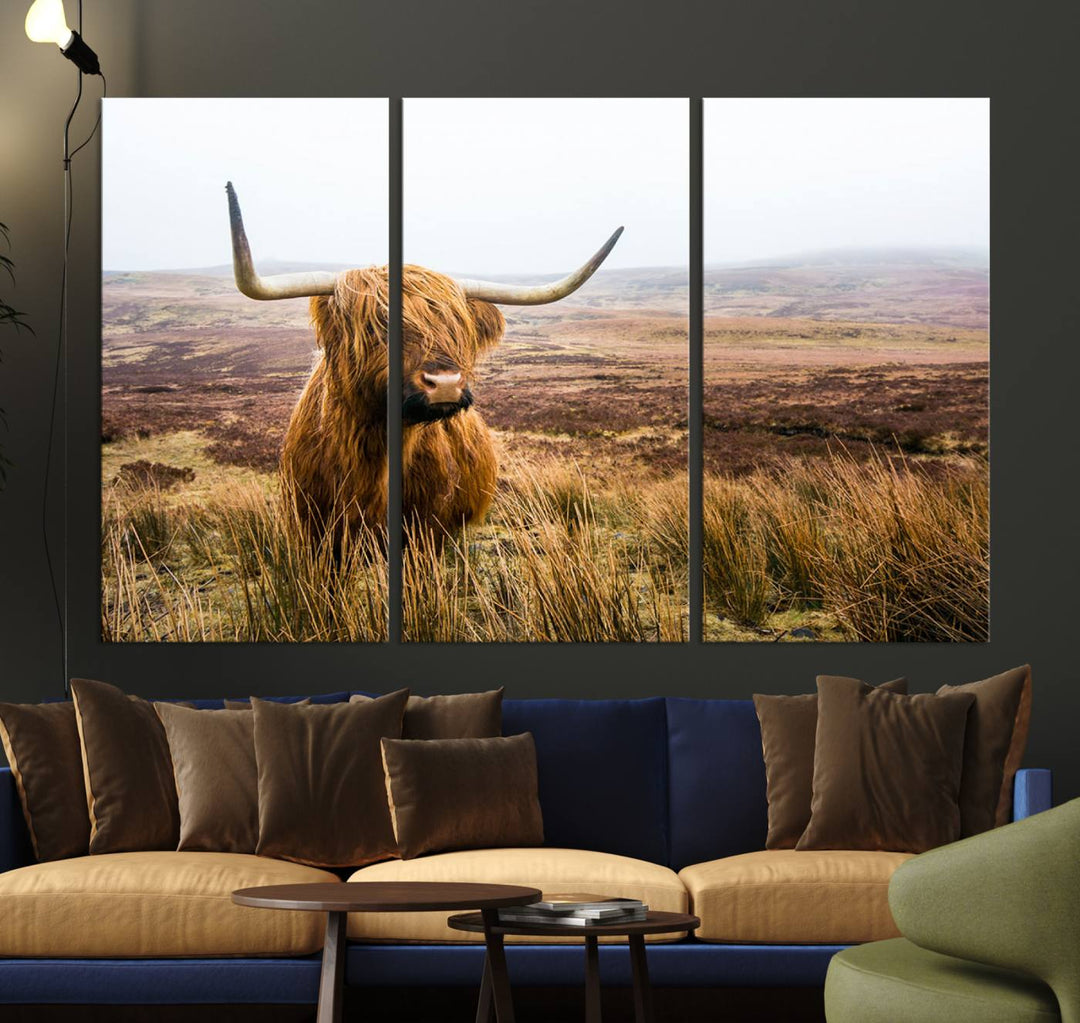 Scottish Highland Cow Wall Art Canvas Print | Ready to Hang and Framed | Rustic Farmhouse Decor for Living Room or Cabin