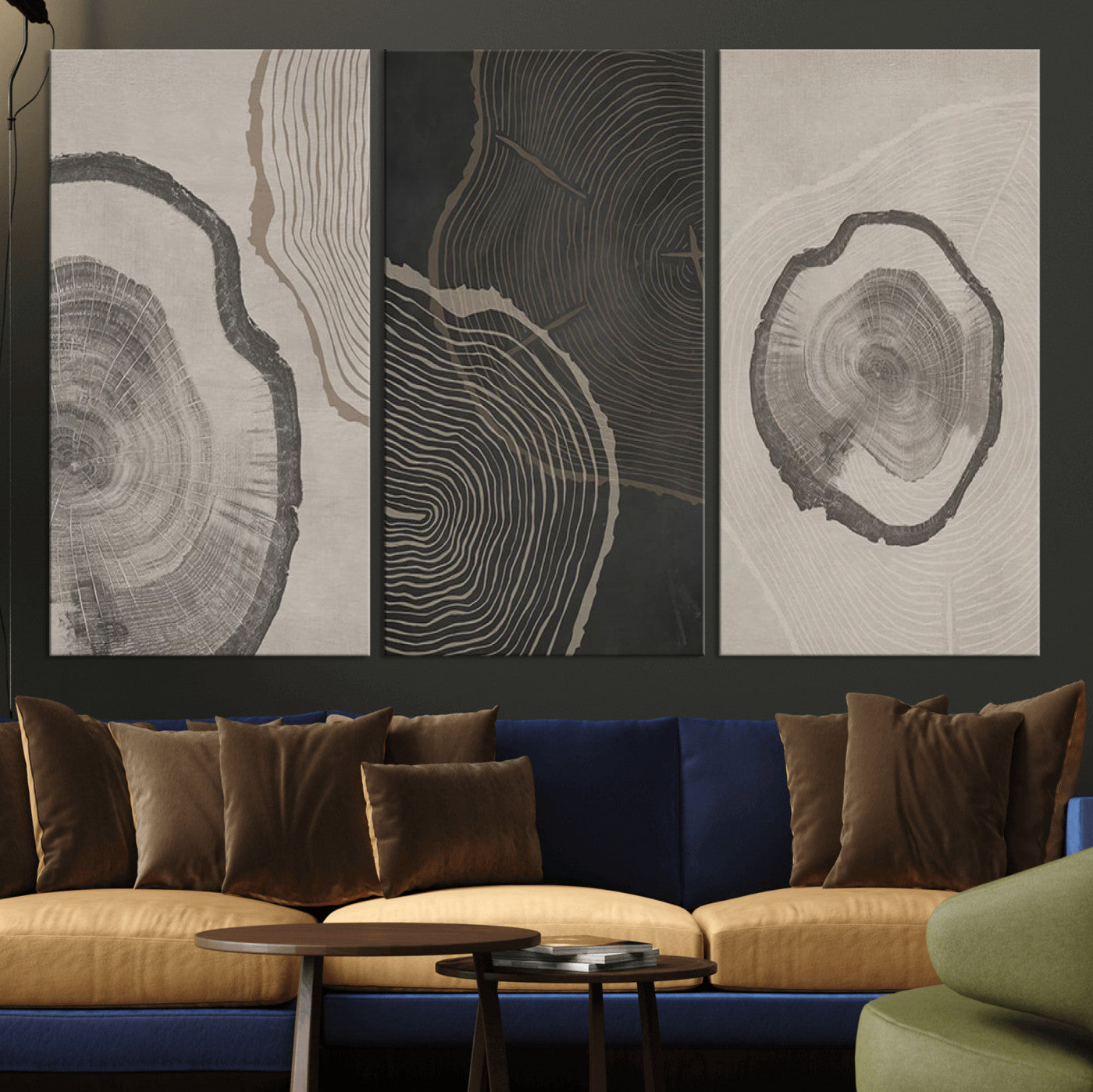 MGV-CV-48X32-3P - Modern Abstract Tree Ring Canvas Art Set | 3 Panel Large Tree Ring Design for Living Room, Office,