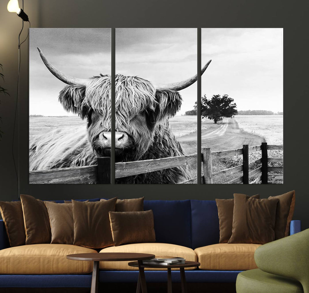 Scottish Highland Cow Wall Art | Rustic Farmhouse Décor | Black and White Ready to Hang Canvas Print