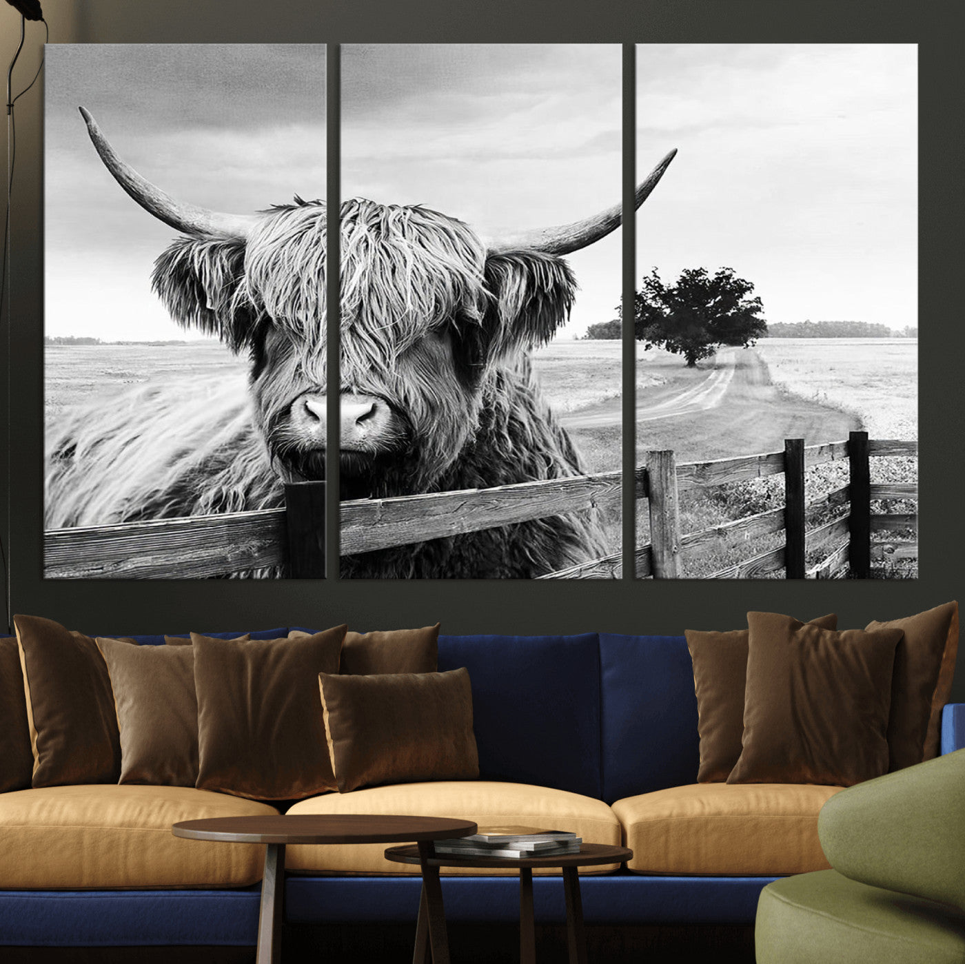 -Scottish Highland Cow Wall Art | Rustic Farmhouse Décor | Black and White Ready to Hang Canvas Print