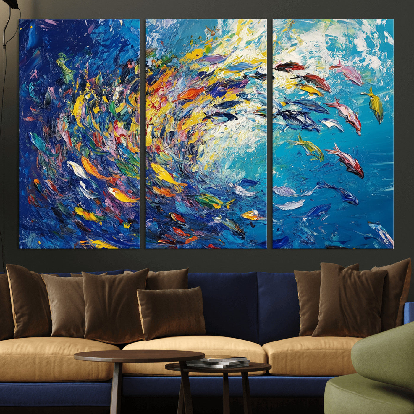 MGV-CV-48X32-3P - Colorful Swirling Fish School Wall Art Canvas Print | Oceanic Abstract Painting | Ready to Hang |
