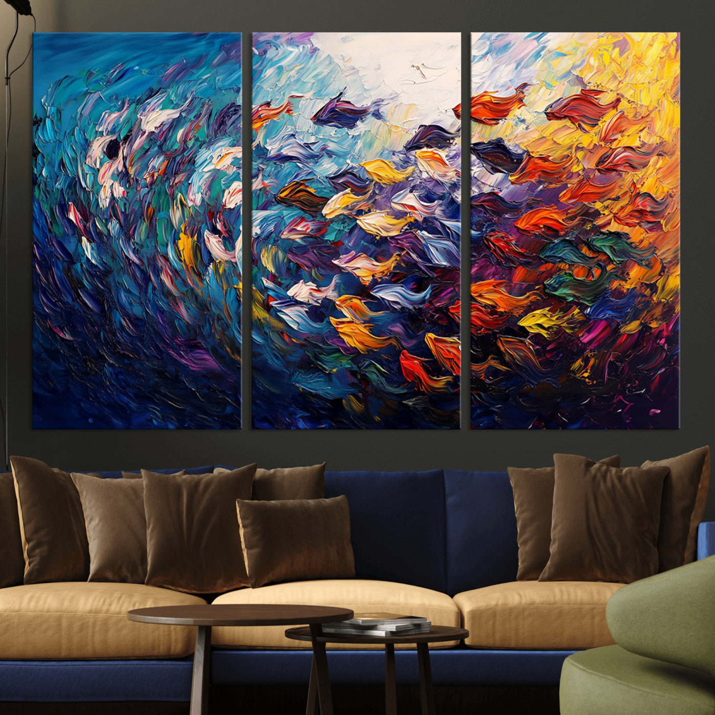 MGV-CV-48X32-3P - Vibrant Abstract Fish Swarm Art – Colorful Fish Inspired 3-Piece Canvas Wall Art for Living Room or