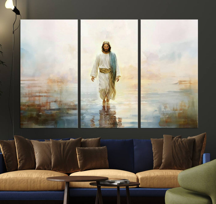 The 3-panel Framed Jesus Walking on Water Wall Art showcases a serene religious scene.