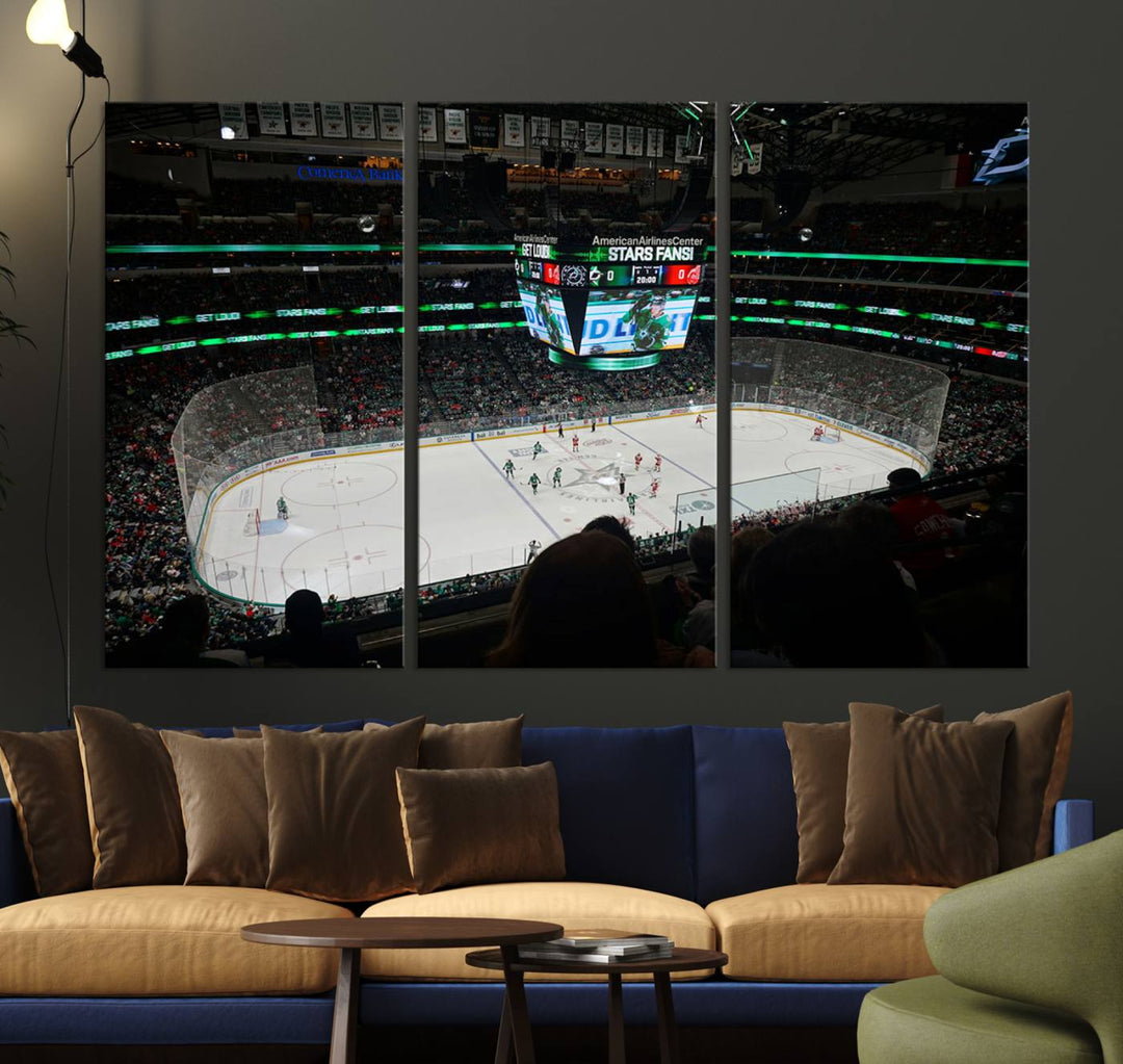 The Dallas Stars Wall Art Canvas Print is as clear as the scoreboard stats at a hockey game in a large arena with bright lights.