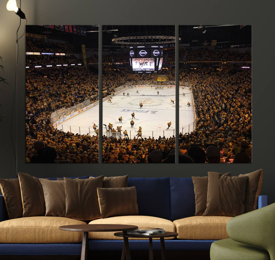 A captivating triptych canvas print, titled "Bridgestone Arena - Nashville Predators Hockey Team Print," adorns the wall. This Nashville wall art canvas print is perfect for Predators fans who appreciate sports-themed decor.