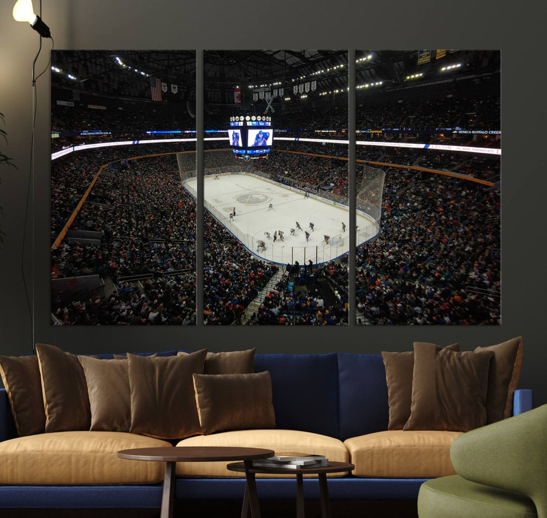 The nautical-themed room is enhanced by the KeyBank Center New York Buffalo Sabres Hockey Stadium Wall Art Canvas Print, a three-panel depiction of a bustling hockey arena with a gallery-quality finish. This canvas artwork, handmade in the USA, introduces an element of sporting elegance to your decor.