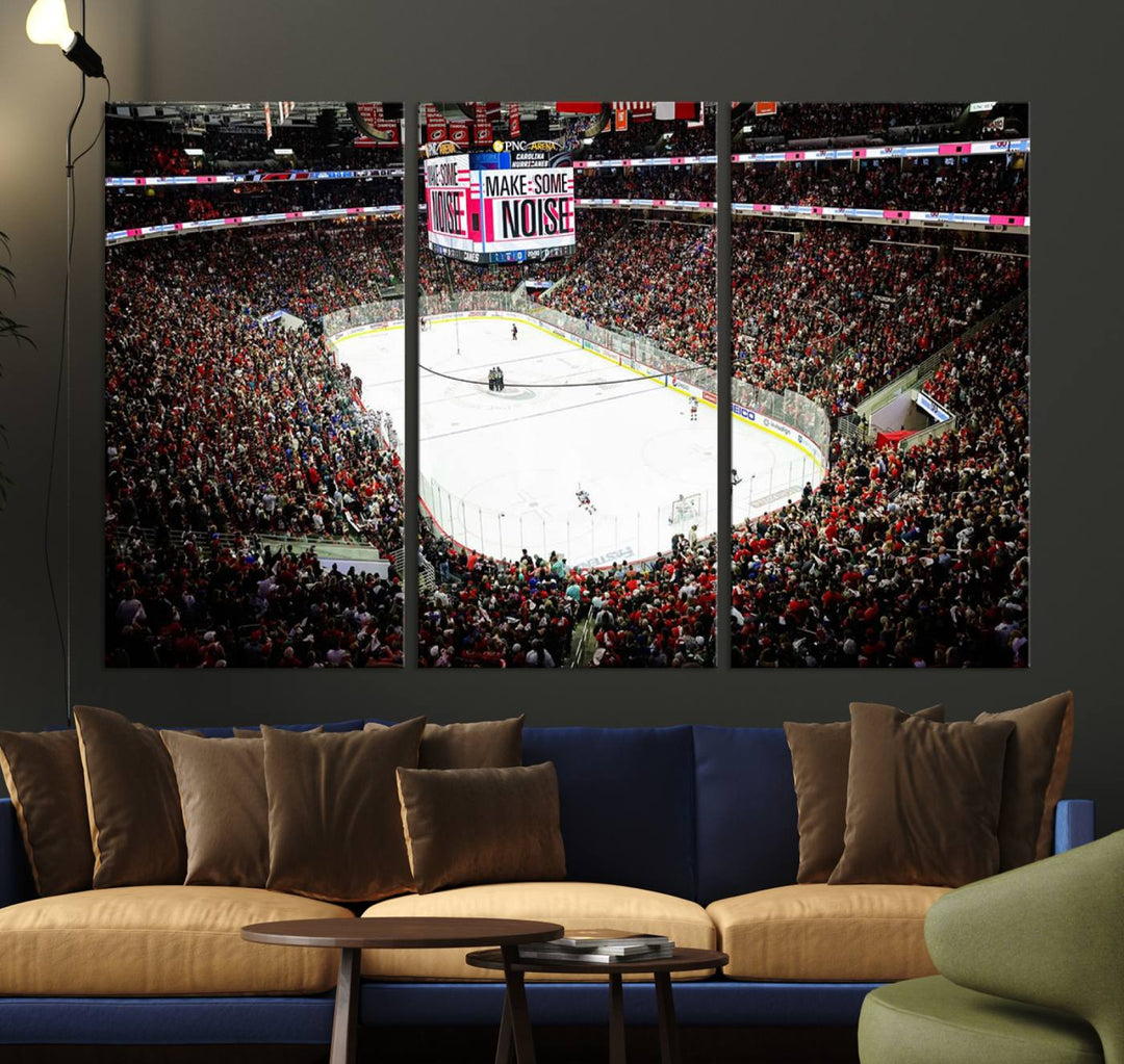 The living room features the PNC Arena Raleigh North Carolina Hurricanes Hockey Stadium Wall Art Canvas Print, which depicts a crowded ice hockey stadium with enthusiastic fans and an ongoing game, all rendered in high-resolution on museum-quality canvas.