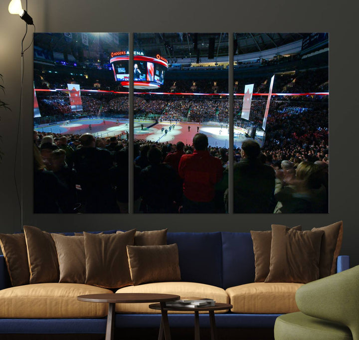 Experience the intense atmosphere of a full-capacity ice hockey game at Rogers Arena, home of the Vancouver Canucks, captured on museum-quality canvas.