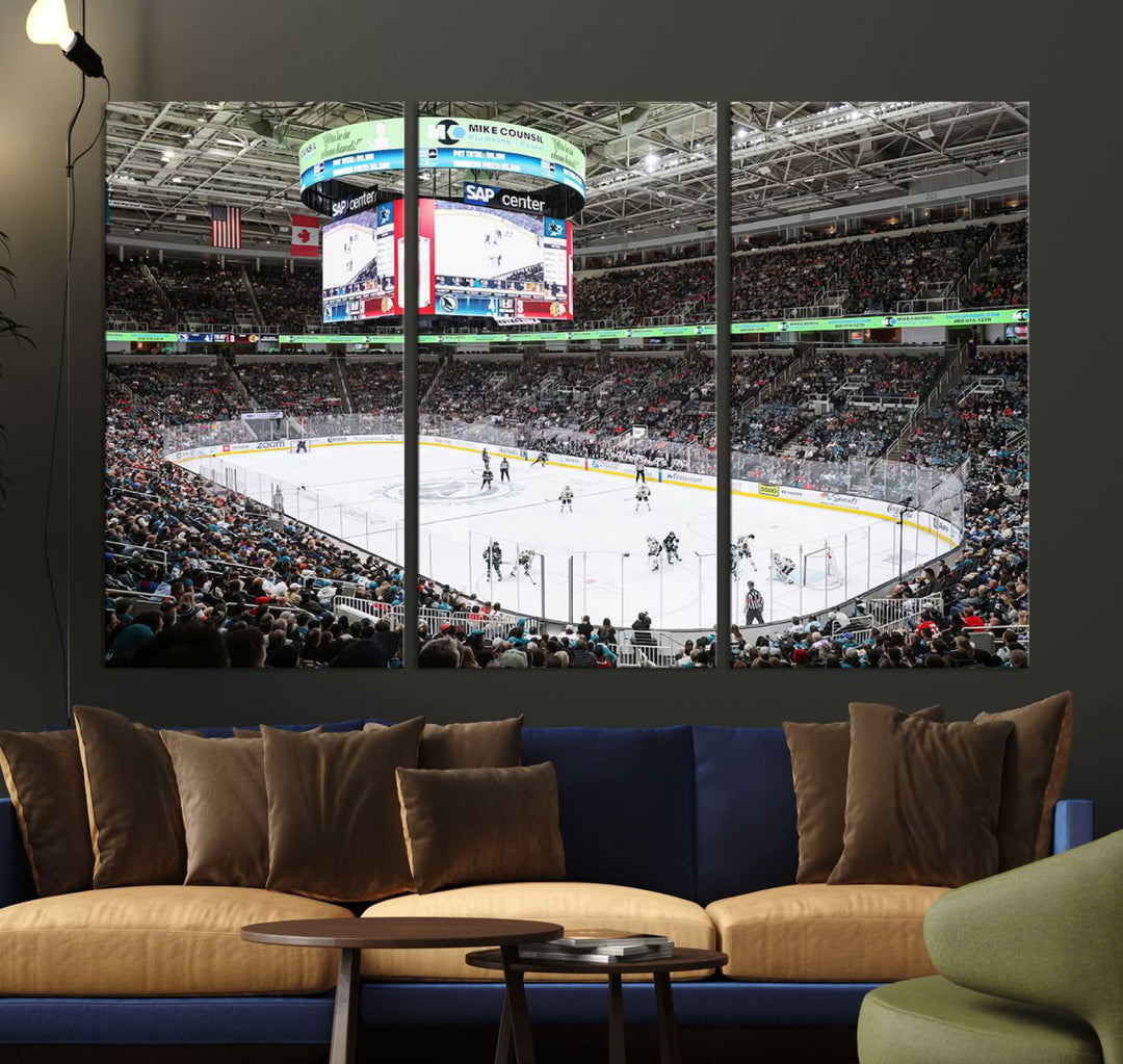 A packed ice hockey arena buzzes with energy as players glide on the ice and a large screen displays scores. The indoor decor features Sharks Arena Blackhawks Sharks Ice Hockey Stadium Wall Art Canvas Prints, creating an unexpected yet charming sporting atmosphere reminiscent of a gallery.