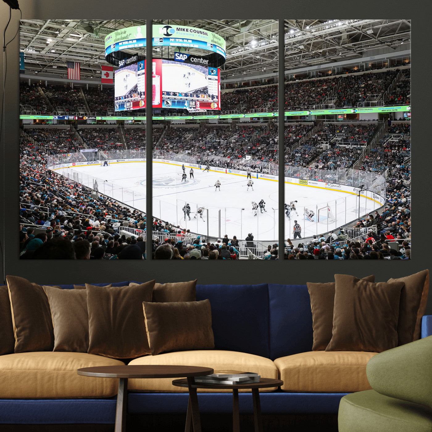 MGV-CV-48X32-3P - Sharks Arena Blackhawks Sharks Ice Hockey Stadium Wall Art Canvas Print, Framed Blackhawks Sharks