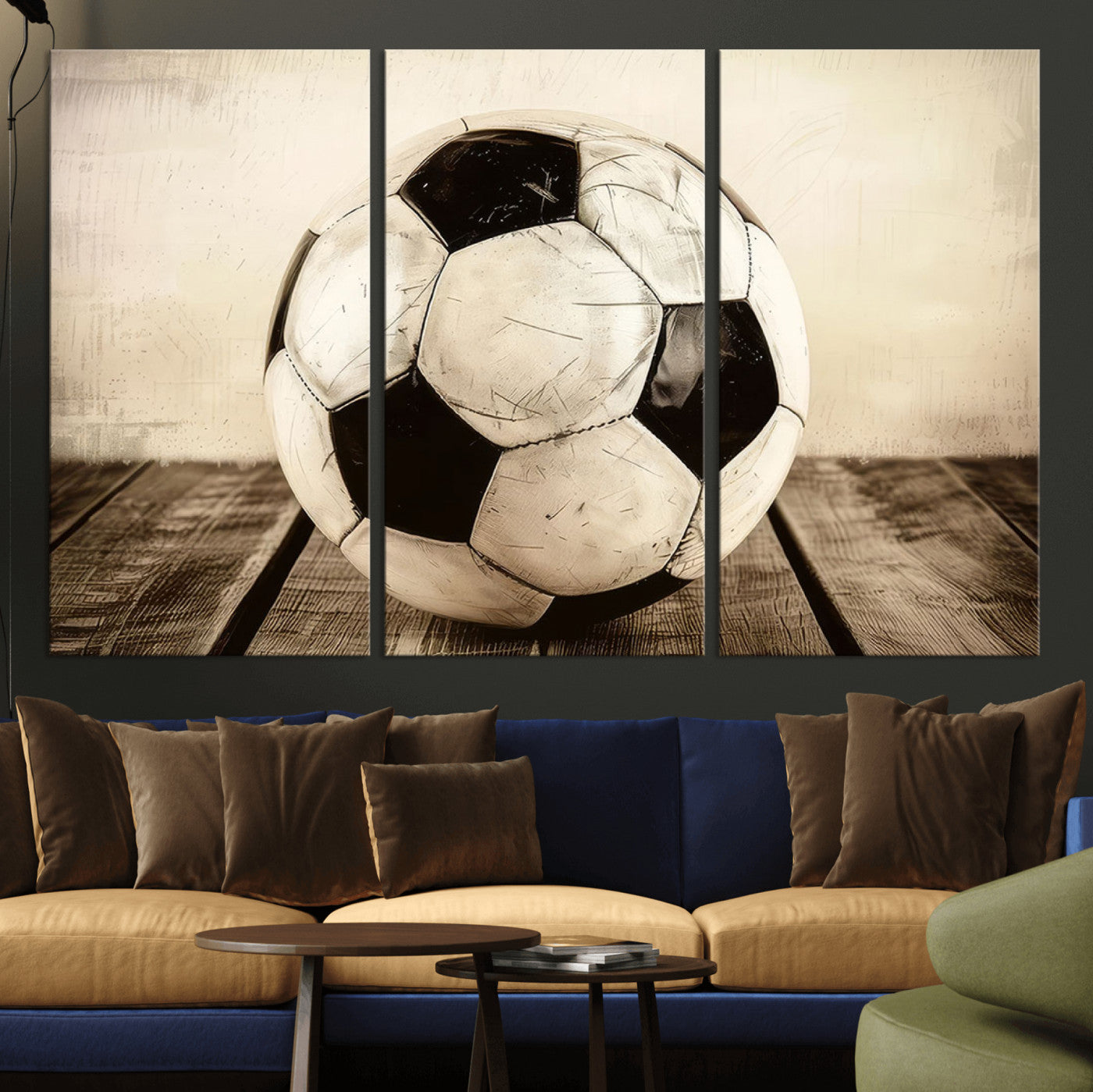 24319-MGV-CV-36X24-Vintage Soccer Ball Wall Decor Canvas Art – 3-Panel Soccer Wall Decor, Framed and Ready to Hang