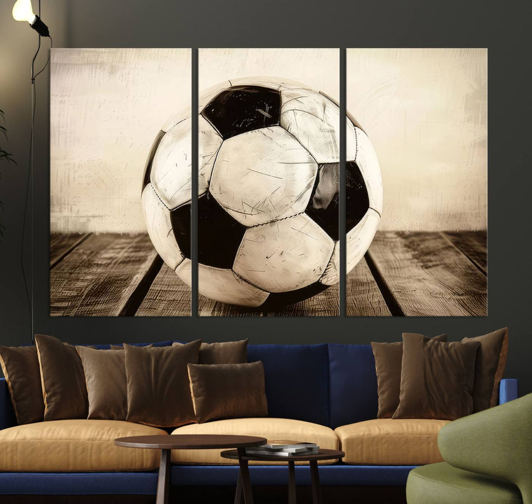 Vintage Soccer Ball Triptych Canvas Art – 3-Panel Soccer Wall Decor, Framed and Ready to Hang Sports Art for Home, Office, or Gym