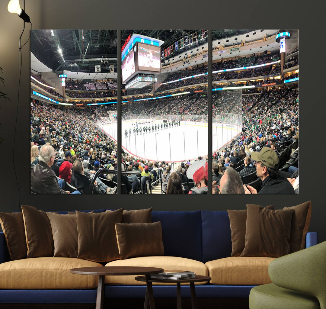 The Xcel Energy Center St Paul Minnesota Wild Ice Hockey Stadium Wall Art Canvas Print captures a packed hockey arena with spectators watching players on the ice. It is elegantly preserved on museum-quality canvas with vibrant details protected by a UV-protective coating.