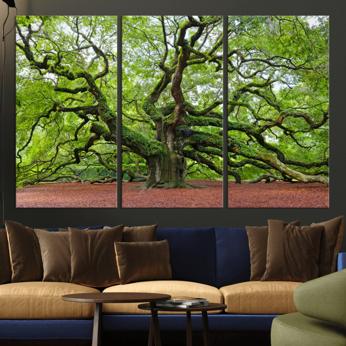 MGV-CV-48X32-3P - Framed Angel Oak Tree Wall Art - 3-Panel Canvas Prints, Large Green Nature Artwork, Ready to Hang