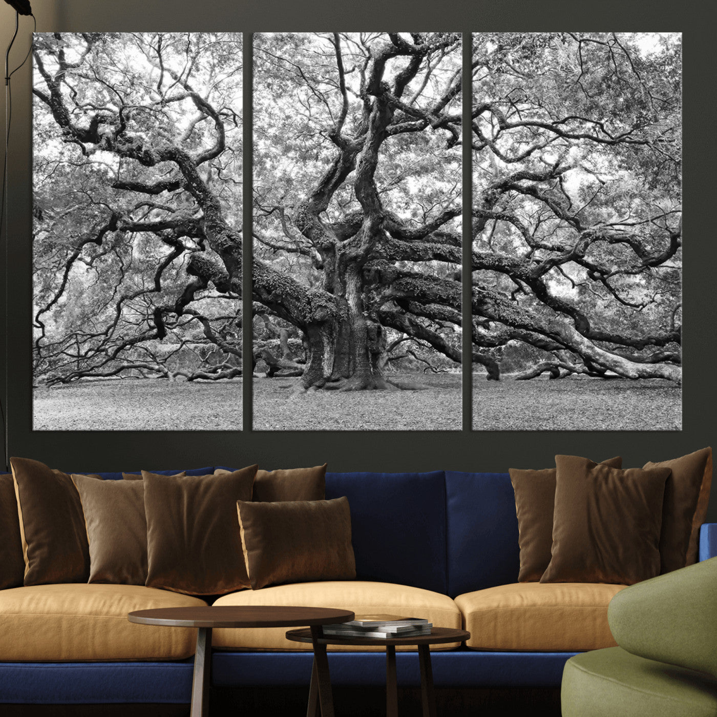 MGV-CV-48X32-3P - Black White Angel Oak Tree Wall Art - Timeless Nature-Inspired Canvas for Rustic, Modern, or