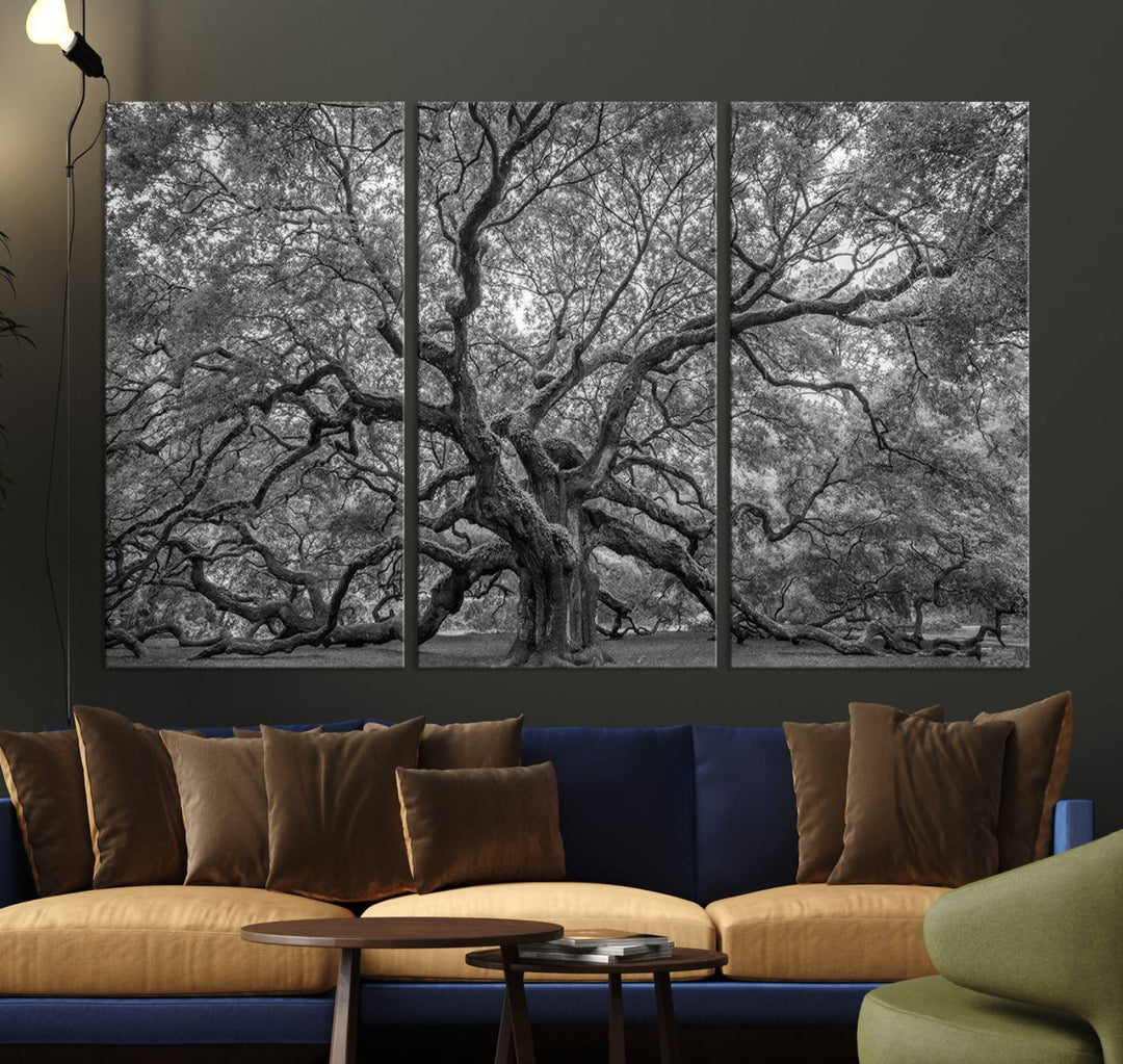 Majestic Angel Oak Tree Black and White Canvas Print – Multi Panel Wall Art, Giclée Print, Ready to Hang Nature Photography for Home Decor