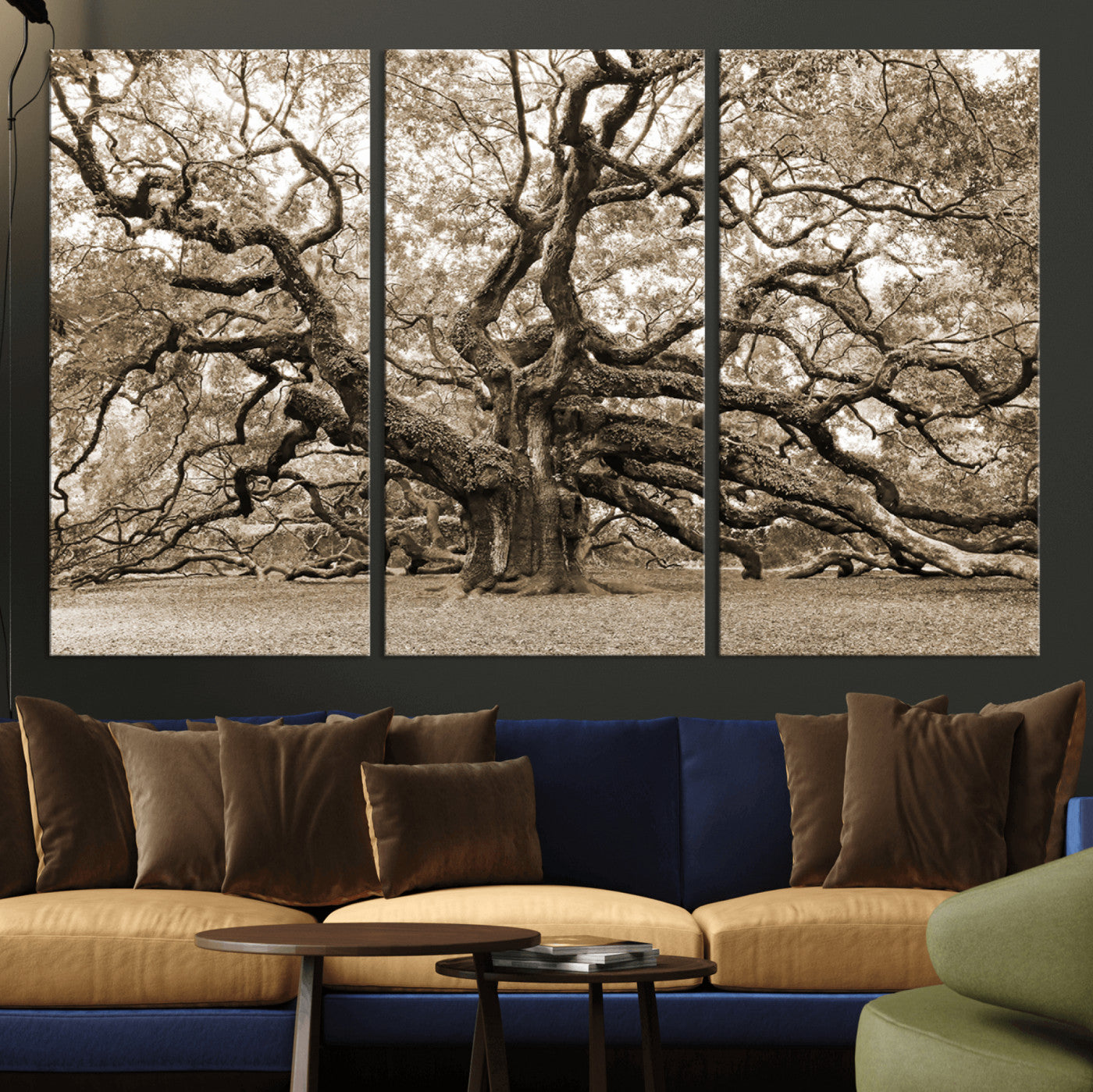 MGV-CV-48X32-3P - Sepia Framed Angel Oak Tree Wall Art - 3-Panel Canvas Prints, Large Green Nature Artwork, Ready to