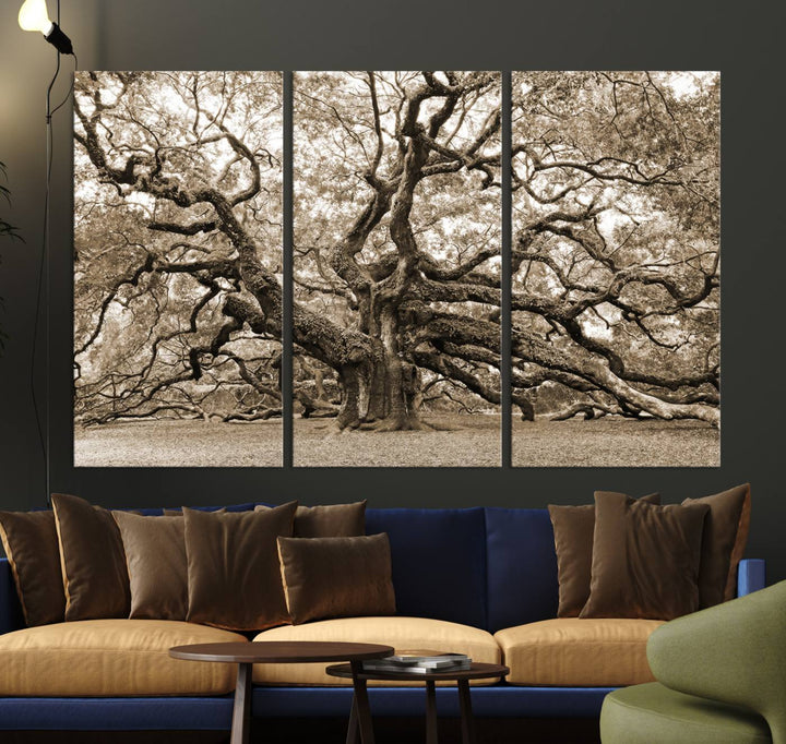 Displayed on the wall is a Sepia-framed Angel Oak Tree 3-panel canvas.