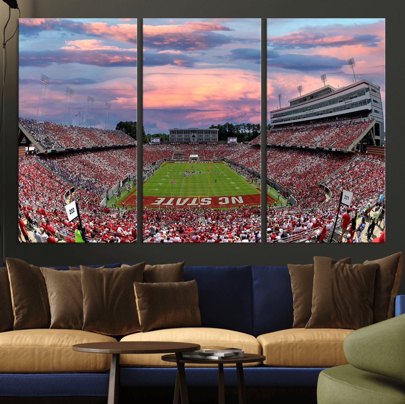 75072-MGV-CV-36X24-Carter-Finley Stadium Art Sunset Game Triple Canvas Wall Art - NC State Wolfpack Football Match