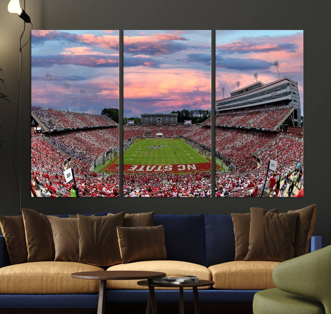 Carter-Finley Stadium Sunset Game Triple Canvas Wall Art - NC State Wolfpack Football Match