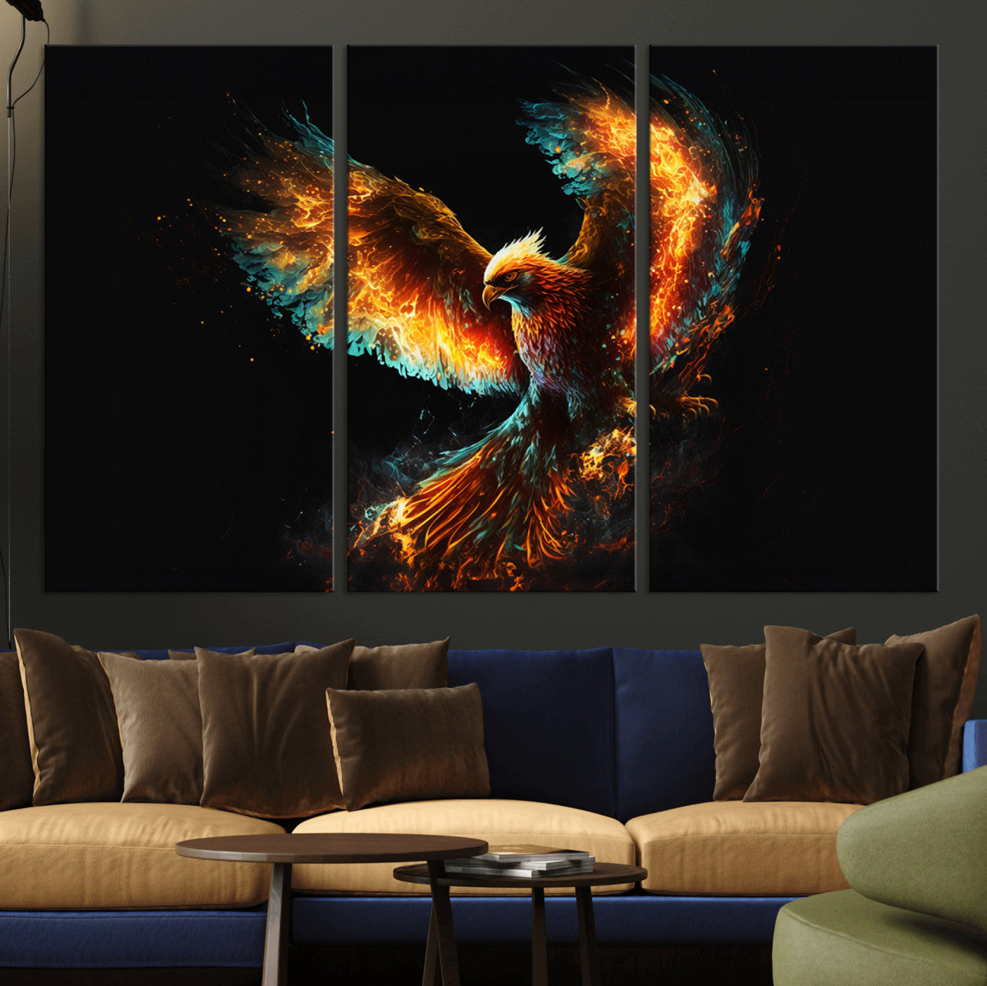 MGV-CV-48X32-3P - Fiery Phoenix Canvas Print | Ready to Hang Wall Art | Bold Fantasy Decor for Living Room | Majestic