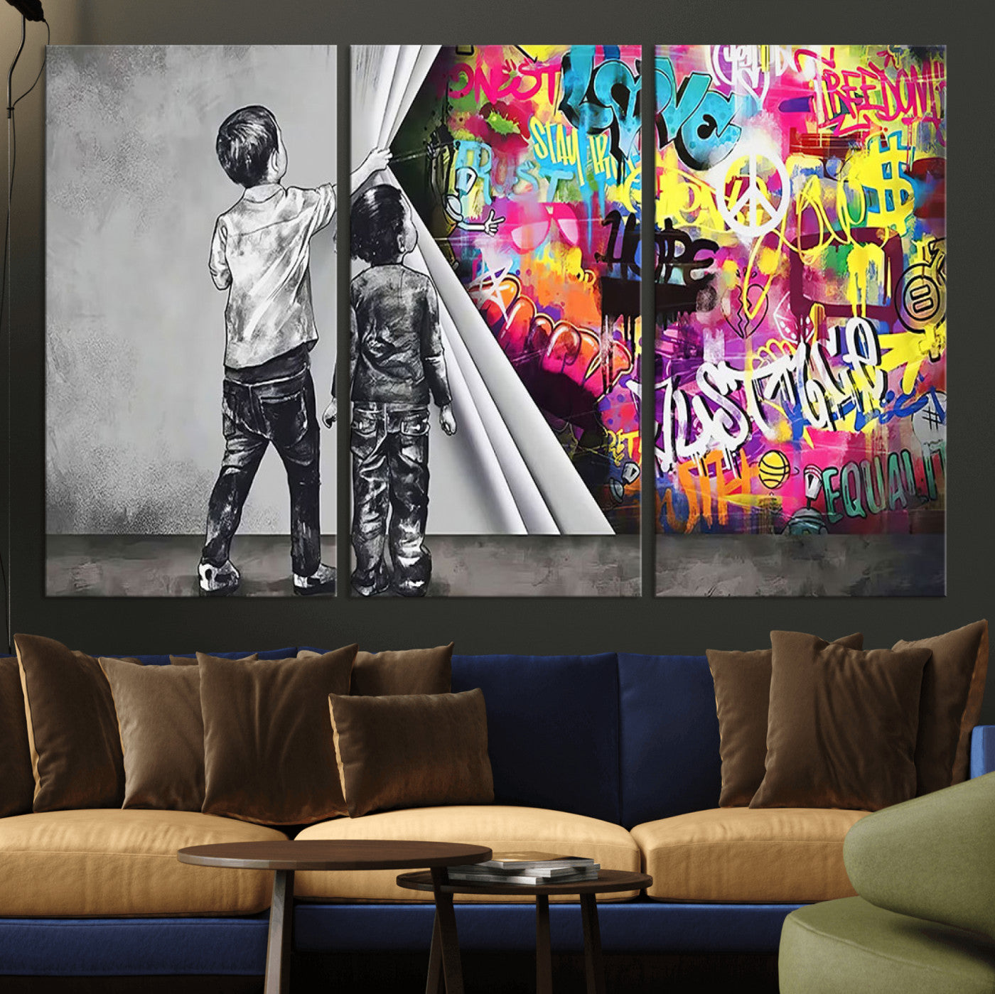 MGV-CV-48X32-3P - Banksy Print - Street Art Canvas Wall Art - Kids Revealing Graffiti, Urban Modern Decor for Living