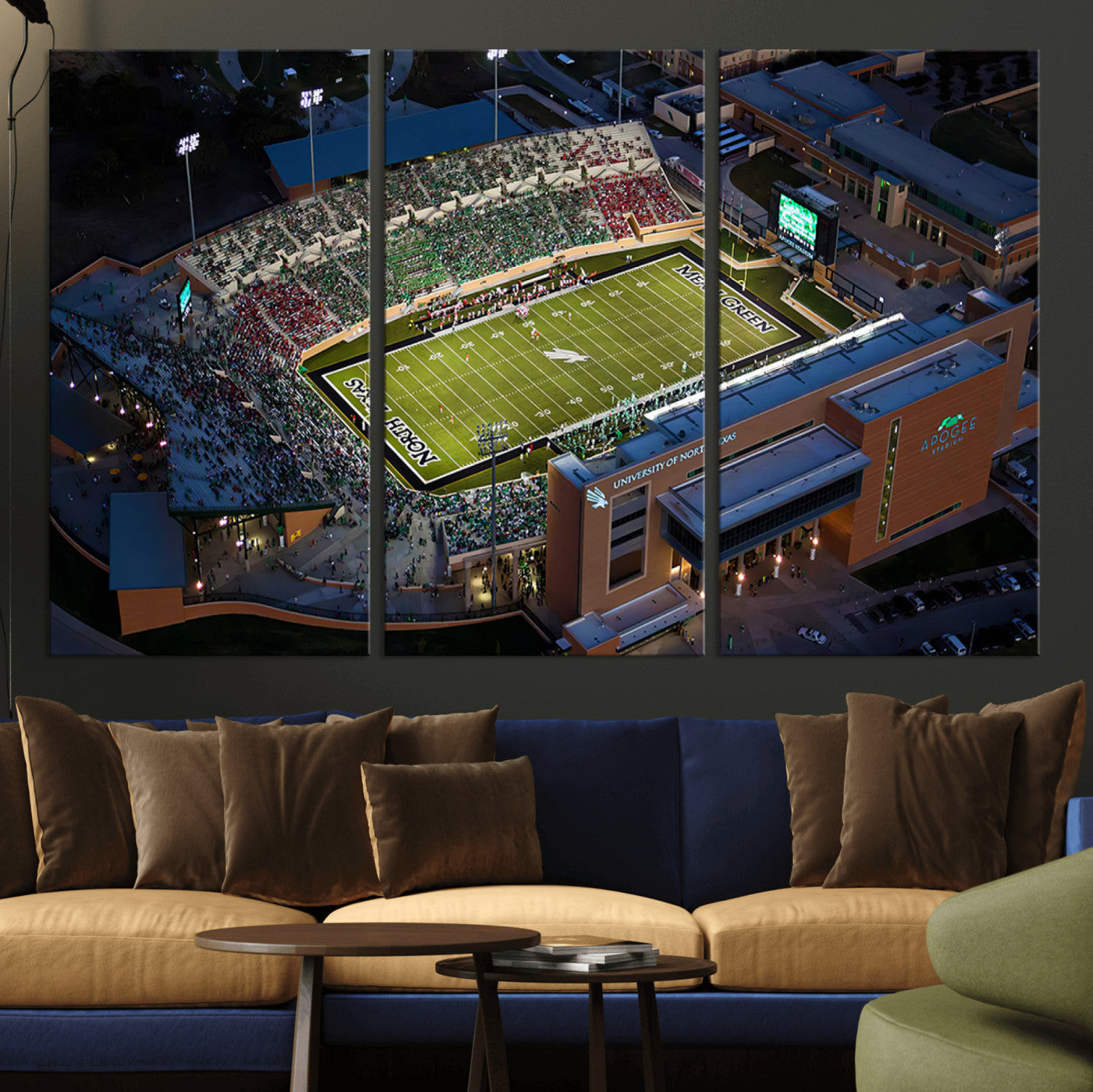MGV-CV-48X32-3P - University of North Texas Mean Green Football Artwork, Football Team Print - Denton DATCU Stadium
