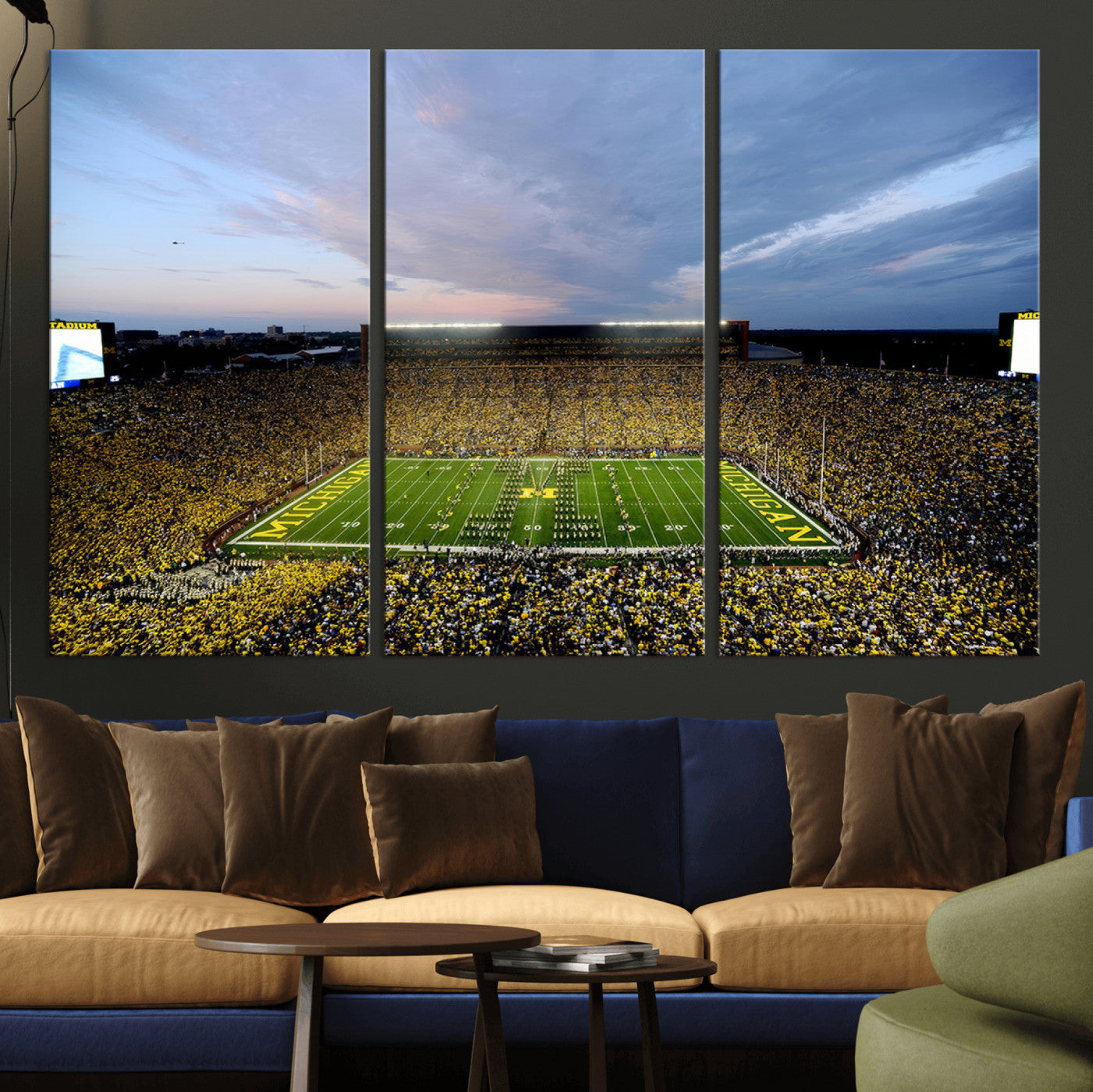 82641-MGV-CV-36X24 - Michigan Stadium Wall Art Canvas Print, Vibrant Game Day Crowd and Sunset Sky Football Field Artwork for Home, Office