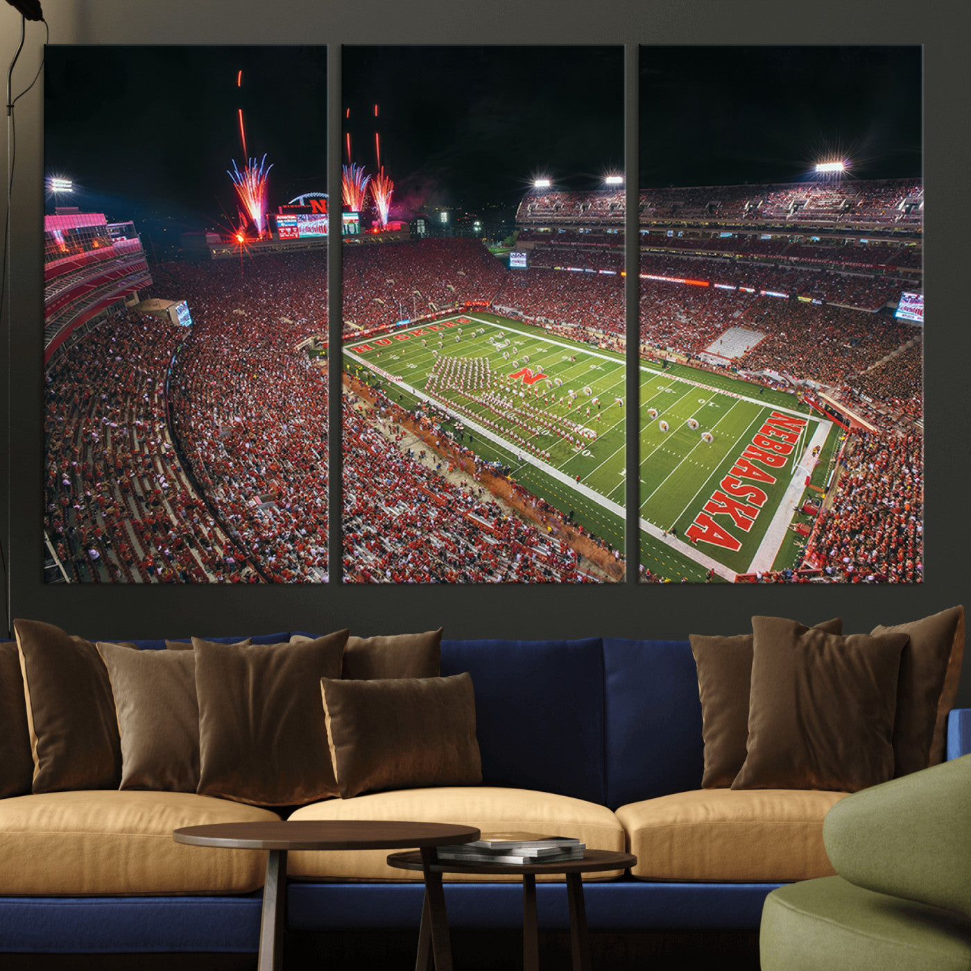 MGV-CV-48X32-3P - University of Nebraska Cornhuskers Football Team Print - Lincoln Memorial Stadium Wall Art Canvas