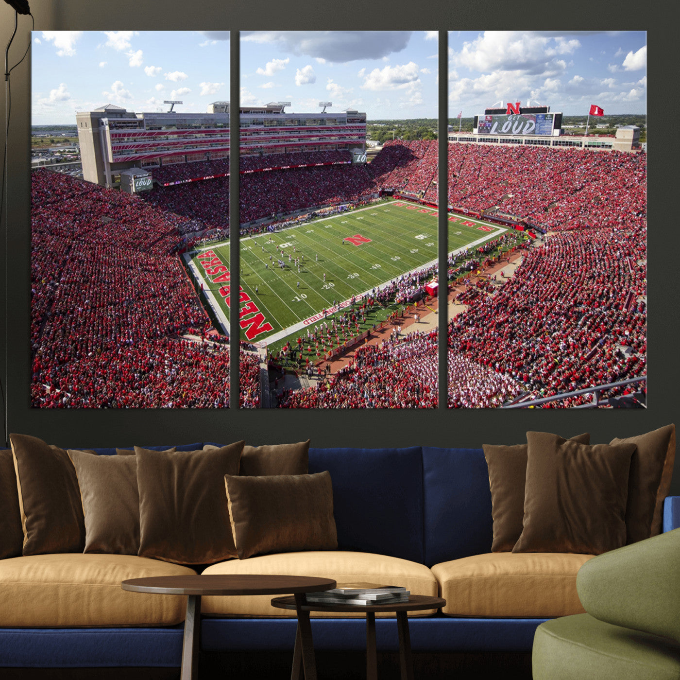 MGV-CV-48X32-3P - University of Nebraska Cornhuskers Football Team Print - Lincoln Memorial Stadium Wall Art Canvas
