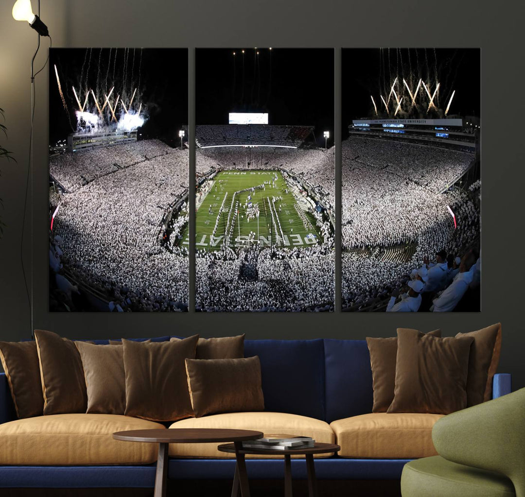 Wide-angle print of a packed stadium with fireworks, ideal gallery-quality wall art - Penn State Nittany Lions Canvas.