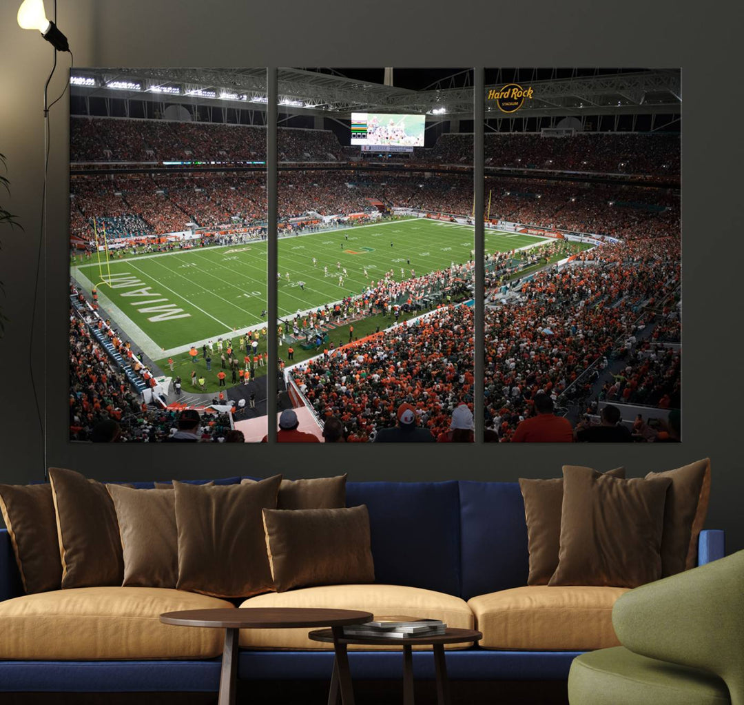 Aerial view of a Miami Hurricanes game at Hard Rock Stadium captured on canvas print, showcasing the teams on the field and fans in the stands.