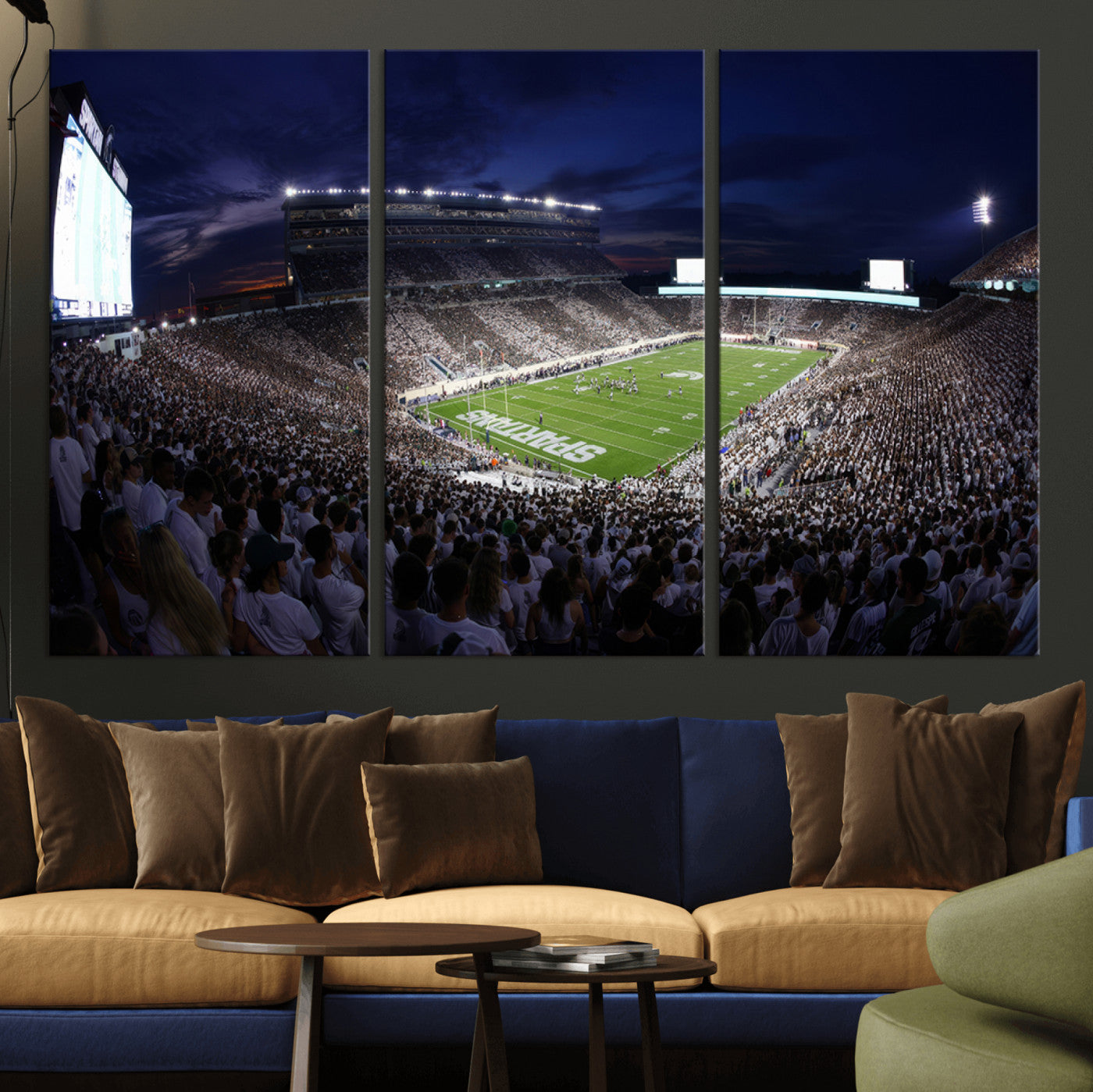 MGV-CV-48X32-3P - Michigan State Spartans Canvas, Framed Football Team Print - East Lansing Spartan Stadium Wall Art