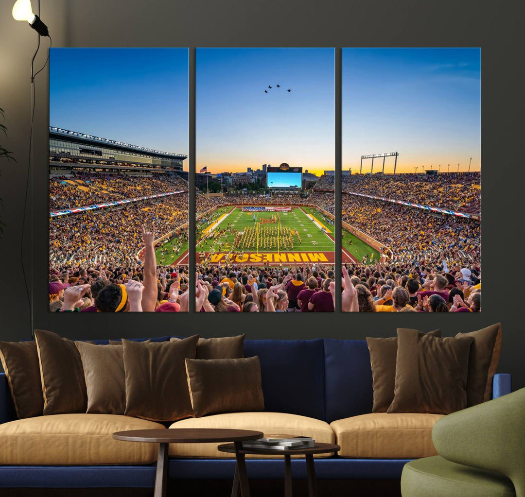 Canvas wall art featuring the University of Minnesota Football Team print, showcasing Huntington Bank Stadium at sunset with jets overhead.