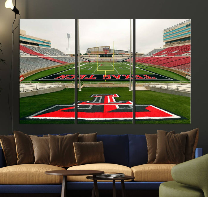 Gallery-quality print of Lubbock Jones AT&T Stadium featuring the Texas Tech Red Raiders field, highlighted by red and gray bleachers.