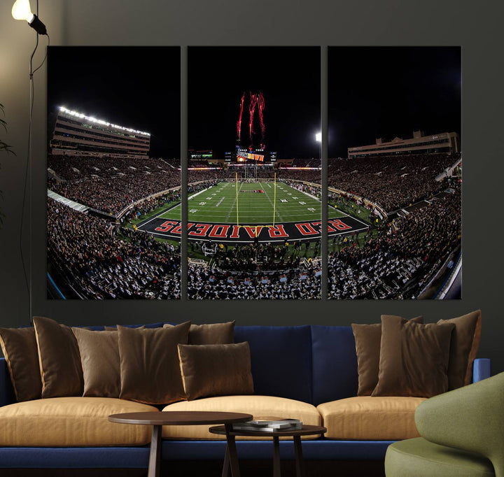 The wall features a Texas Tech Red Raiders Football Team Print on canvas, showcasing fireworks over a packed stadium at night.