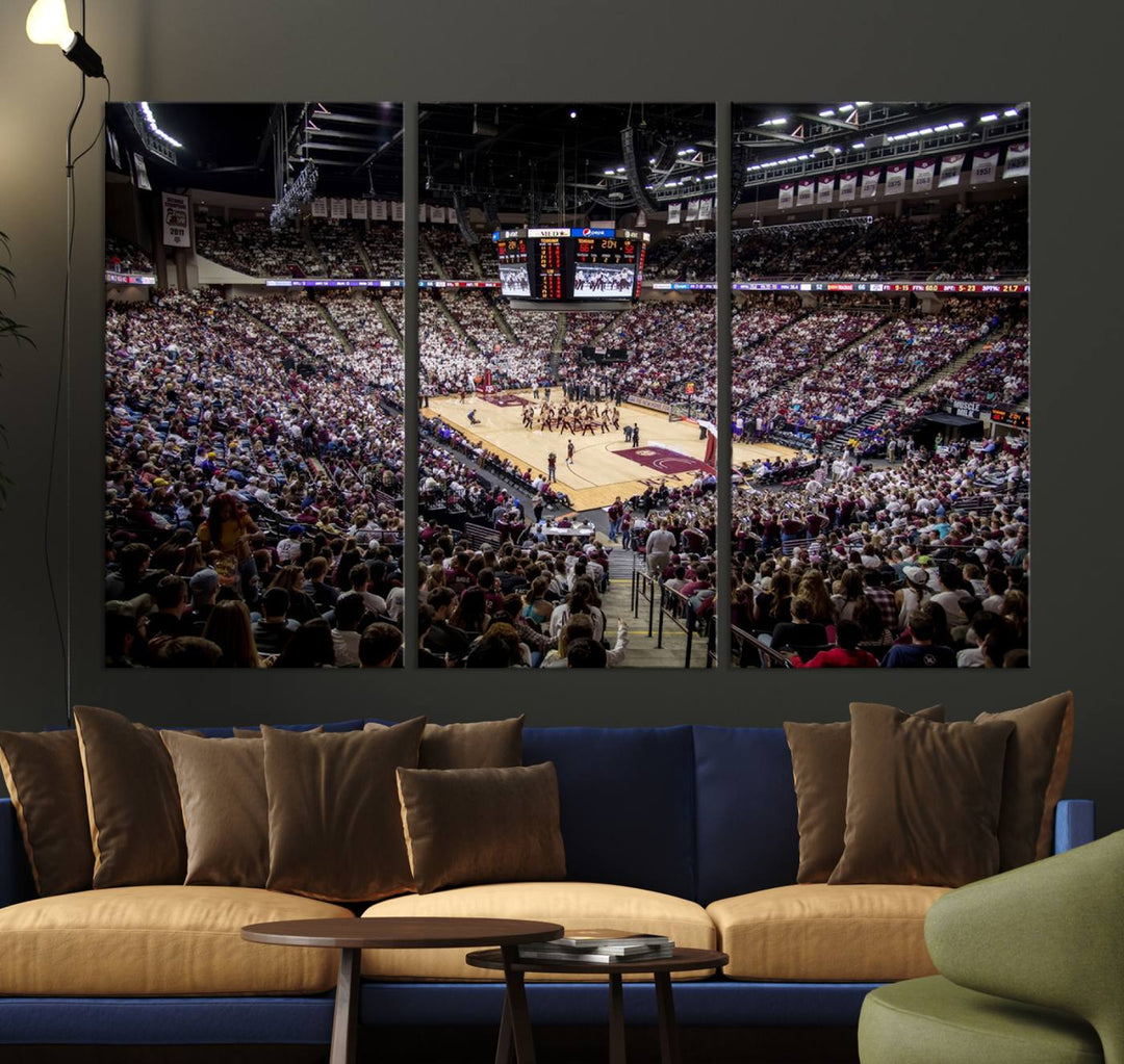 The Nebraska Basketball Arena Wall Art Canvas features an arena filled with Cornhuskers fans and players beneath a scoreboard.