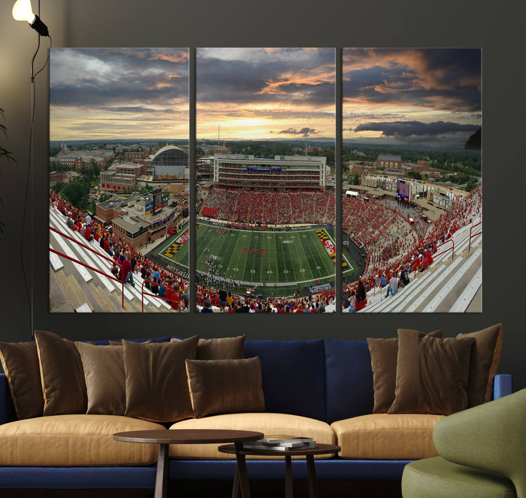 The University of Maryland Terrapins Football Team Print features SECU Stadium at sunset with vibrant skies.