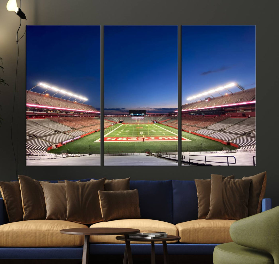 A large SHI Stadium at dusk, ideal for a Rutgers Scarlet Knights Football Team canvas print.