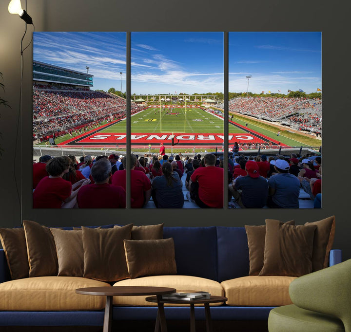 The Ball State Cardinals wall art on canvas depicts fans in red at Scheumann Stadium.