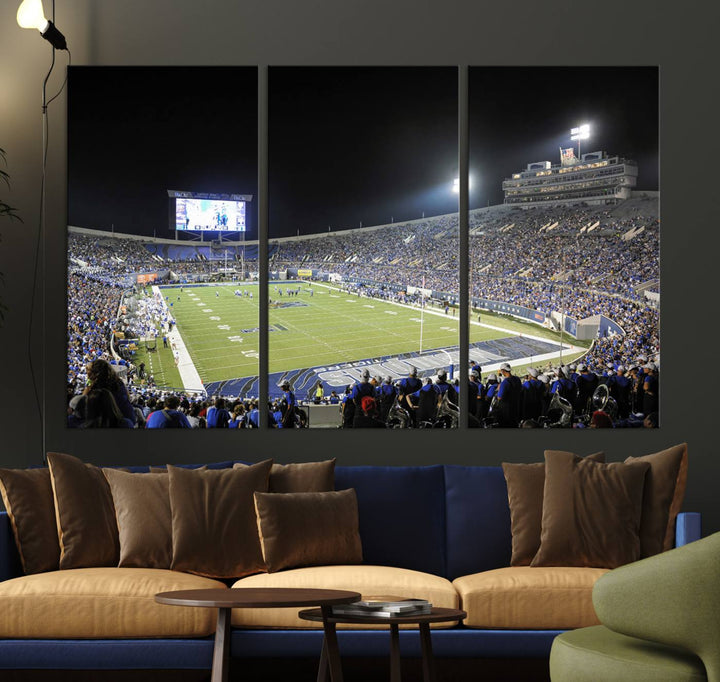 A vibrant depiction of Liberty Stadium at night, highlighting a Tigers football game on the large screen with stands filled with enthusiastic fans.