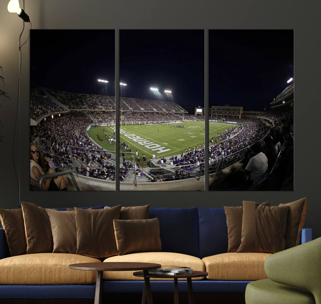 The wall art print features a night view of Amon G. Carter Stadium filled with TCU fans, showcased in the Horned Frogs Football Canvas Wall Art.