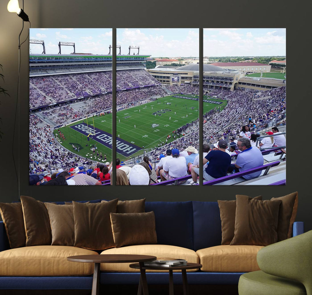 Amon G. Carter Stadium wall art canvas showcasing the TCU Horned Frogs and packed stands at Fort Worth.