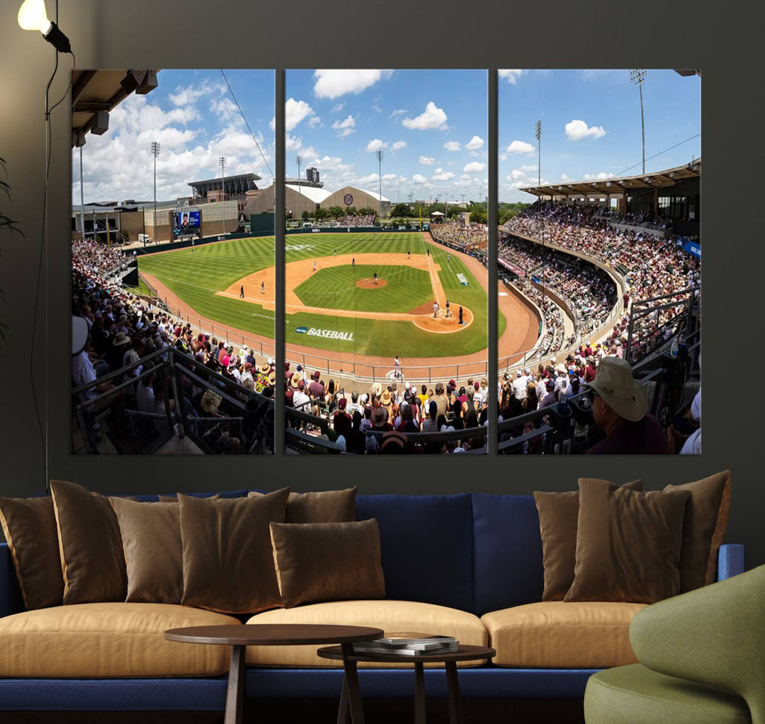 A baseball stadium under a blue sky, capturing the energy of The Texas A&M Aggies Athletics Kyle Field Wall Art.