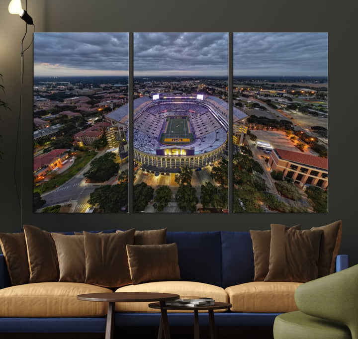 The LSU Tigers Football Team Baton Rouge Tiger Stadium Canvas is displayed prominently, capturing attention with its vivid depiction of the iconic stadium.