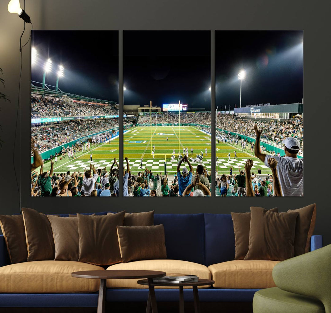 This vibrant wall art canvas print captures the excitement of fans cheering for the Tulane Green Wave Football Team under the lights of Yulman Stadium.