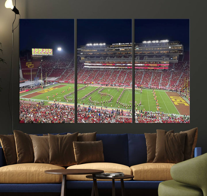 Canvas print depicting a packed stadium at night with a marching band forming USC, celebrating the Trojans at Los Angeles Memorial Coliseum.