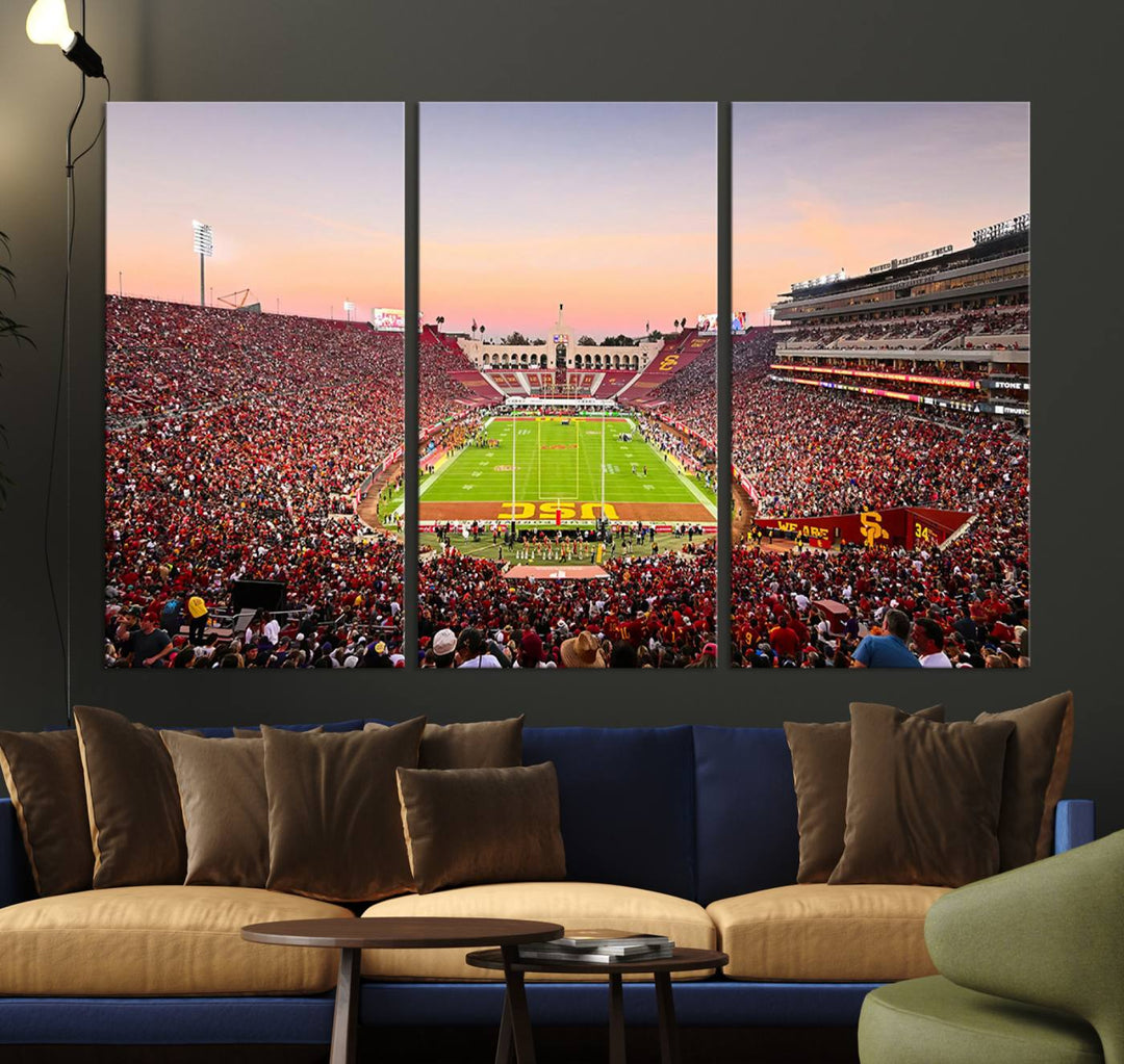 A USC Trojans wall art canvas print highlights the scene, depicting the Coliseum Stadium at sunset.