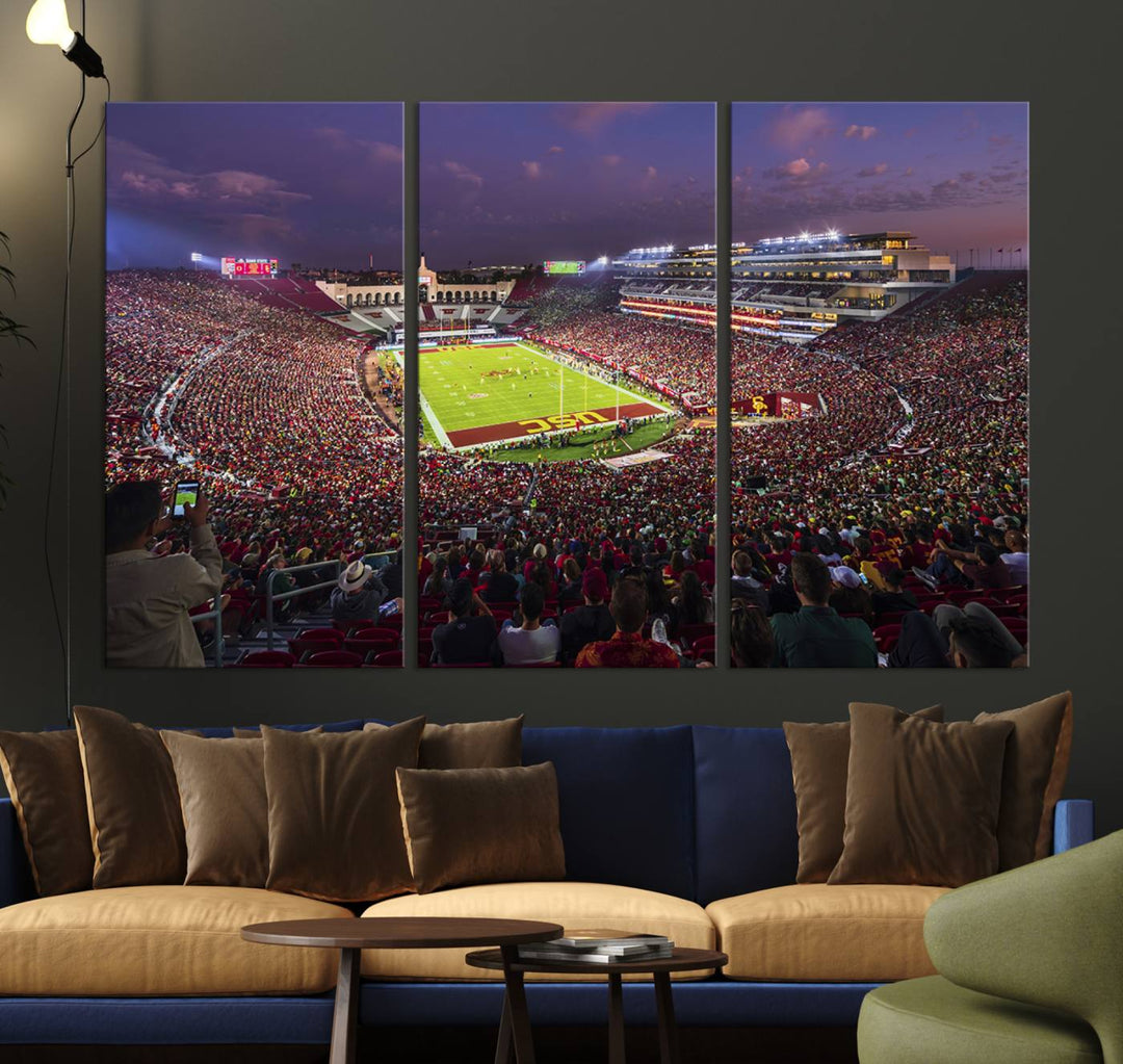 The vibrant wall art canvas print captures the USC Trojans playing under lights at dusk in LA Memorial Coliseum.