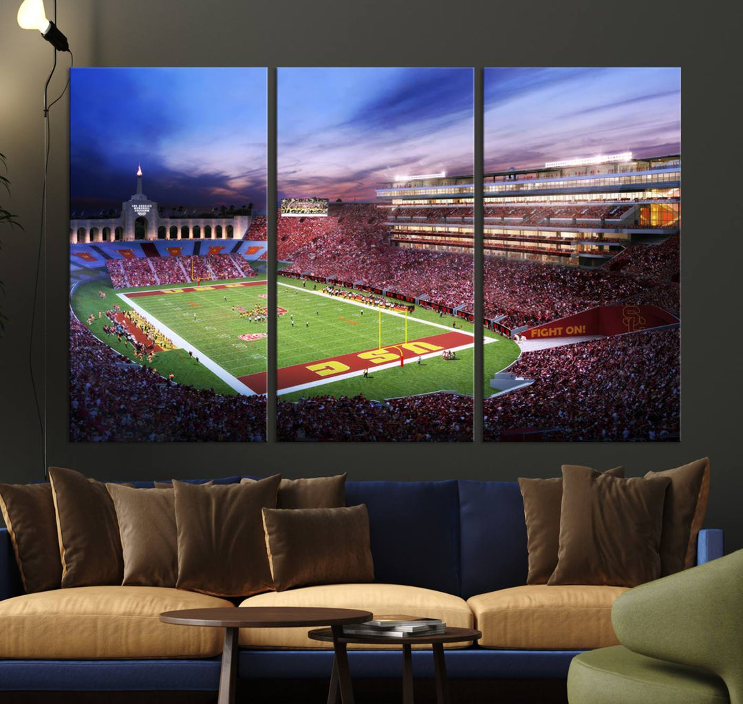 A vibrant painting of fans cheering for The University of Southern California USC Trojans under bright stadium lights.